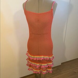 Pitusa Orange Crochet Midi Dress with Pink and Yellow Accents